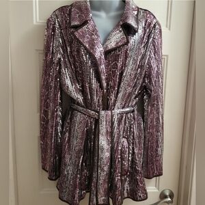 Chico's Brown and Gold Blazer with Long-Line Design and Matching Belt XL‎